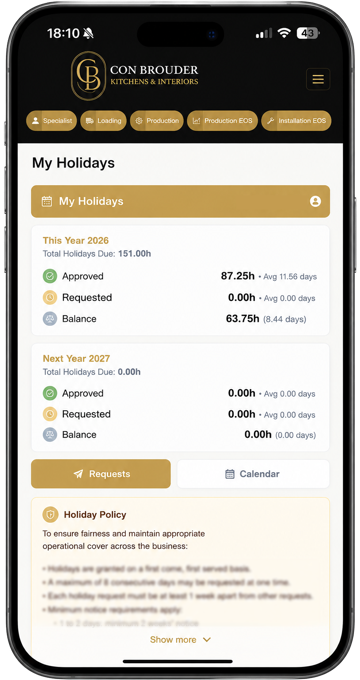 The Con Brouder team app, built by Baker Media, on an iPhone